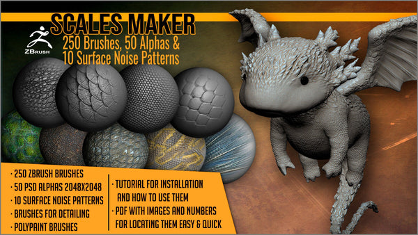 Scales Maker: 250 ZBrush Brushes, 50 Alphas, and 10 Surface Patterns