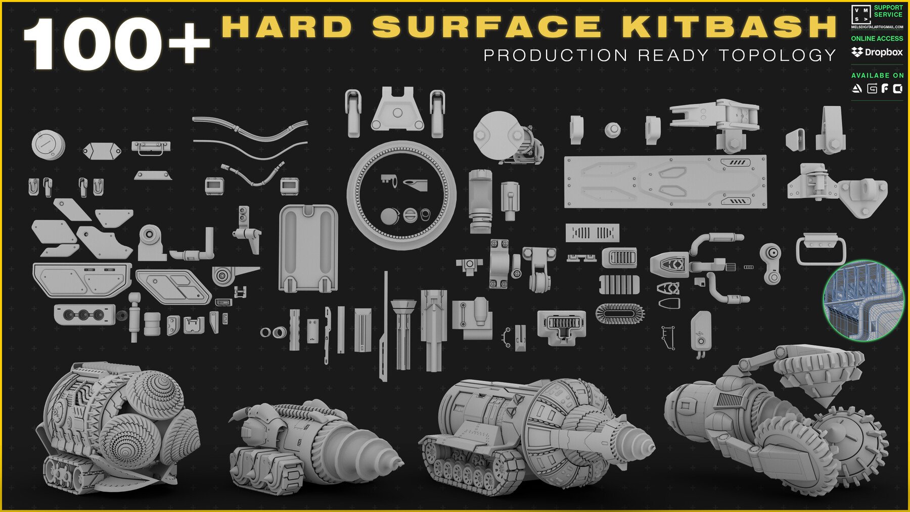 100+ HARD SURFACE KITBASH [PRODUCTION READY TOPOLOGY]