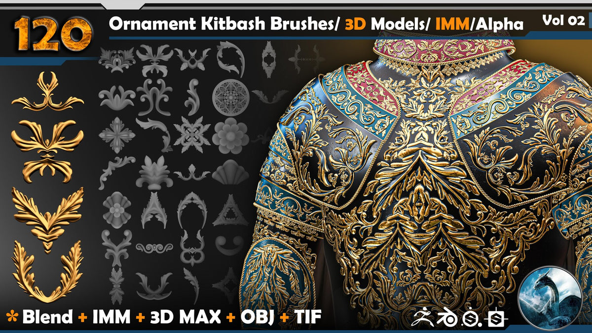 Ornament Kitbash Brushes/ Alpha / 3D Models / IMM vol 02 | S3ART Store