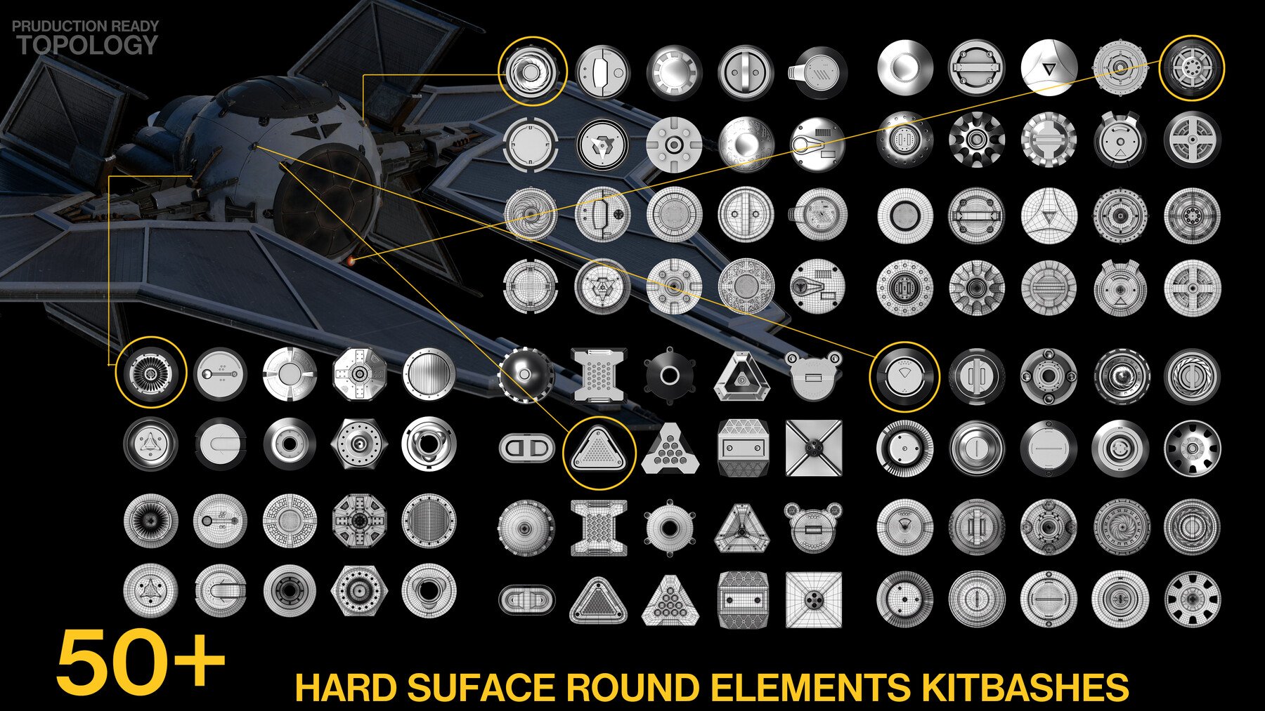 50+ Round Hard Surface Kitbash elements [Production Topology]