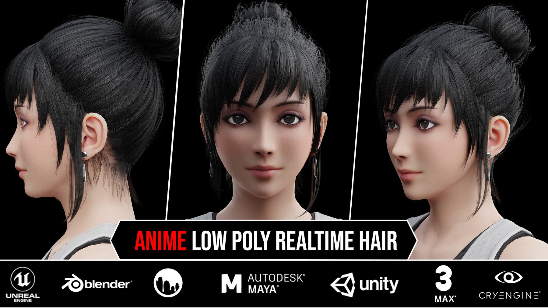 6 Anime Low Poly Realtime Hair Cards 1$ For Each Model