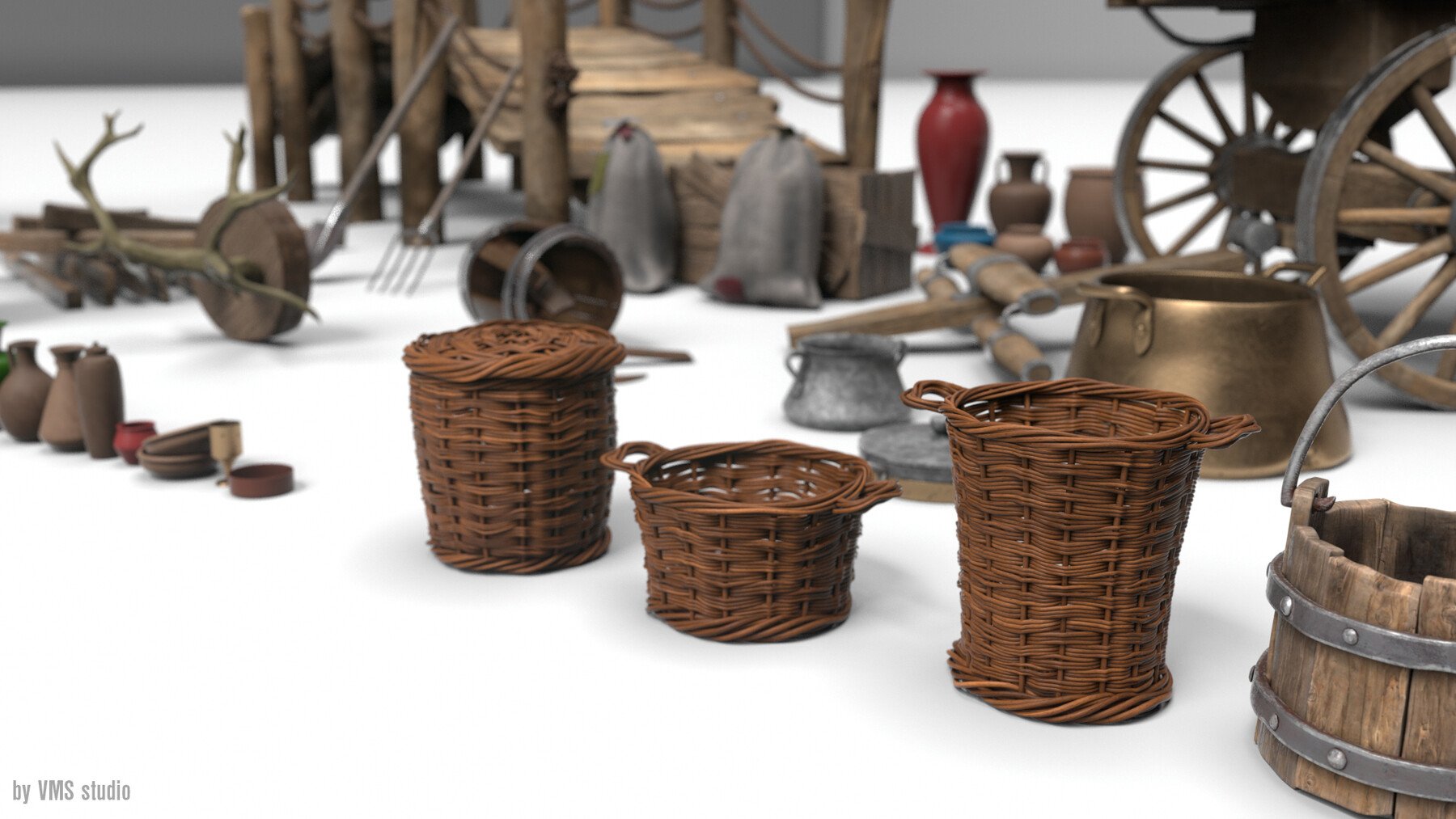 50+MEDIEVAL PROPS KITBASH [Mid Topology/ UV/ PBR textured]