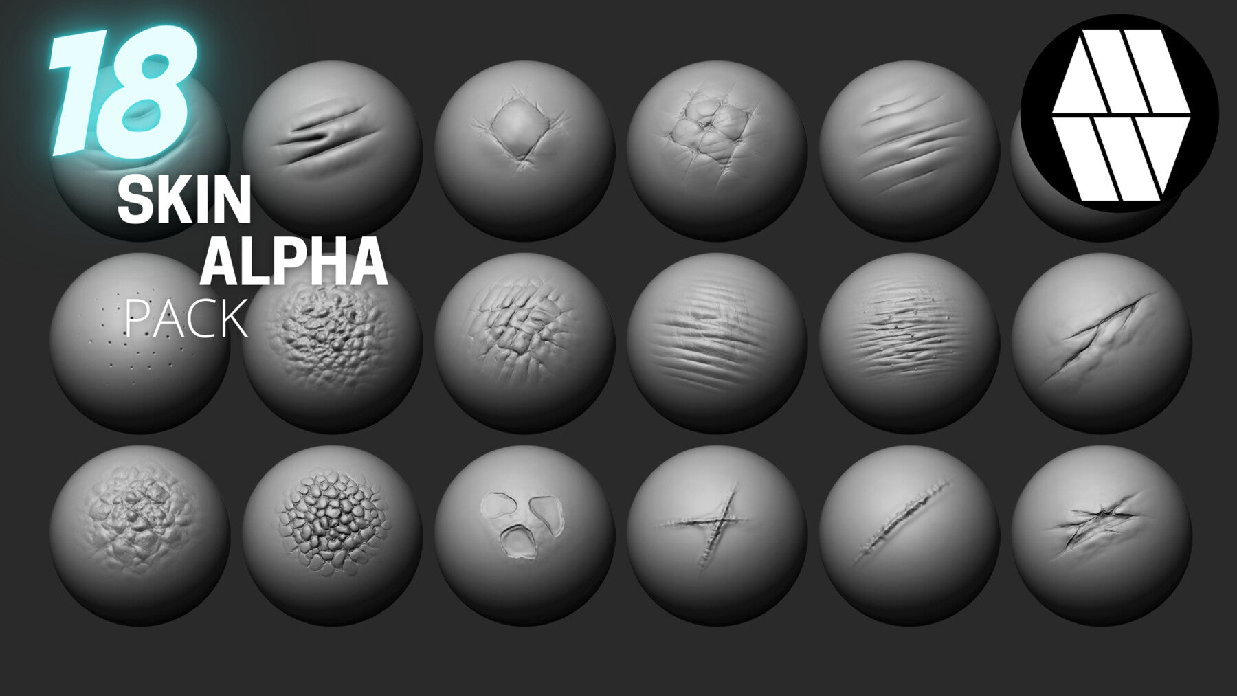 18 Skin Alphas and VDM Brush - Custom made Alphas to use in ZBrush - COMMERCIAL LICENCE