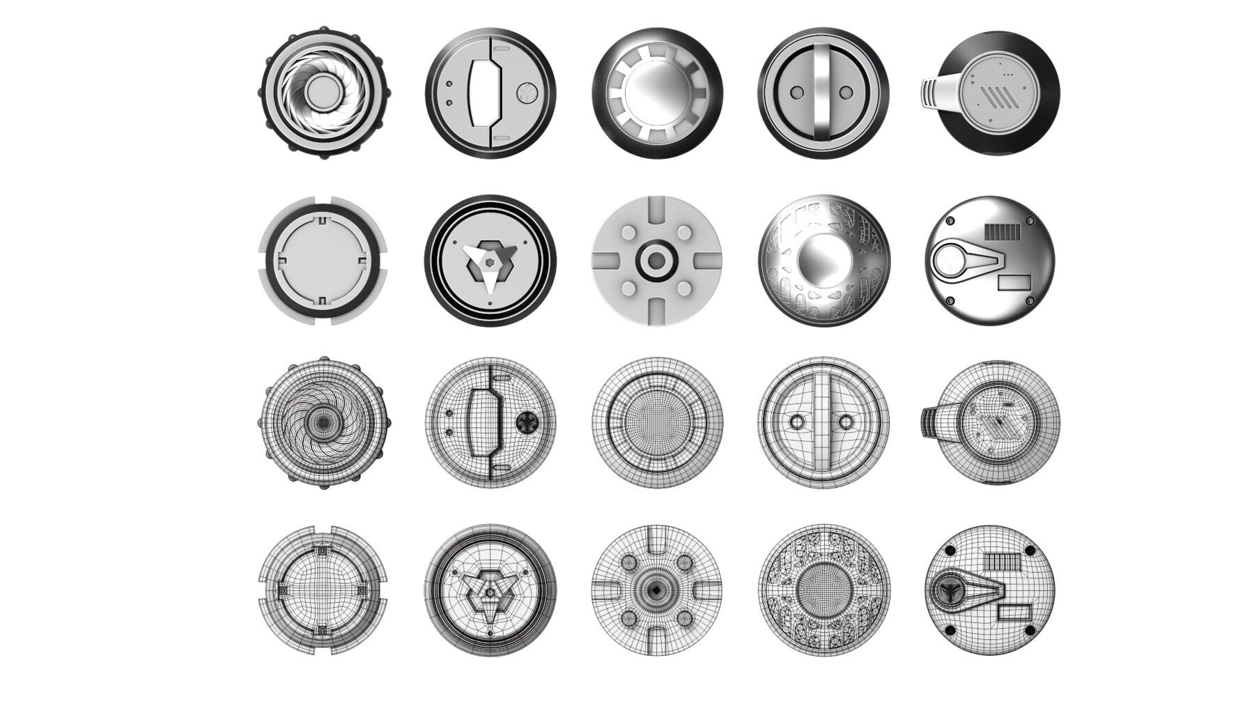 50+ Round Hard Surface Kitbash elements [Production Topology]