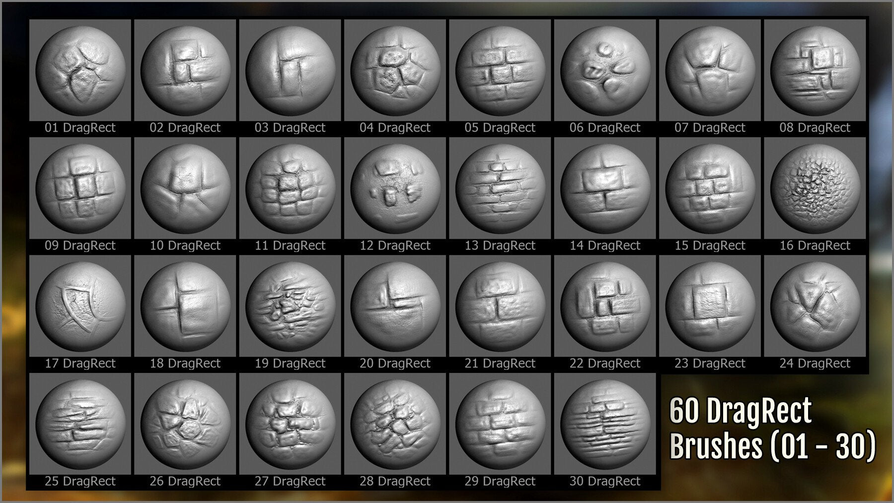 Wall Maker 120 ZBrush Brushes, 60 Alphas, and 55 Patterns