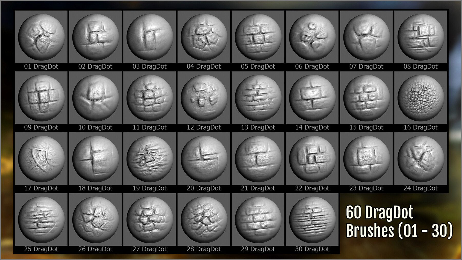 Wall Maker 120 ZBrush Brushes, 60 Alphas, and 55 Patterns