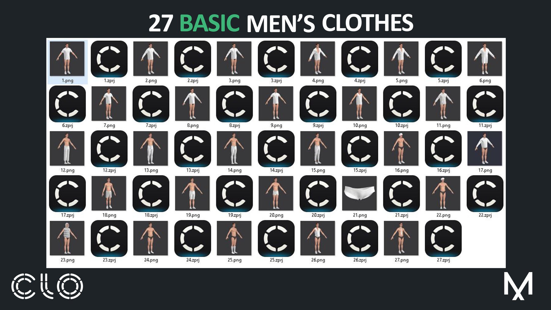 27 BASIC MEN'S CLOTHES PACK / Marvelous Designer / CLO3D + ZPRJ + OBJ + material