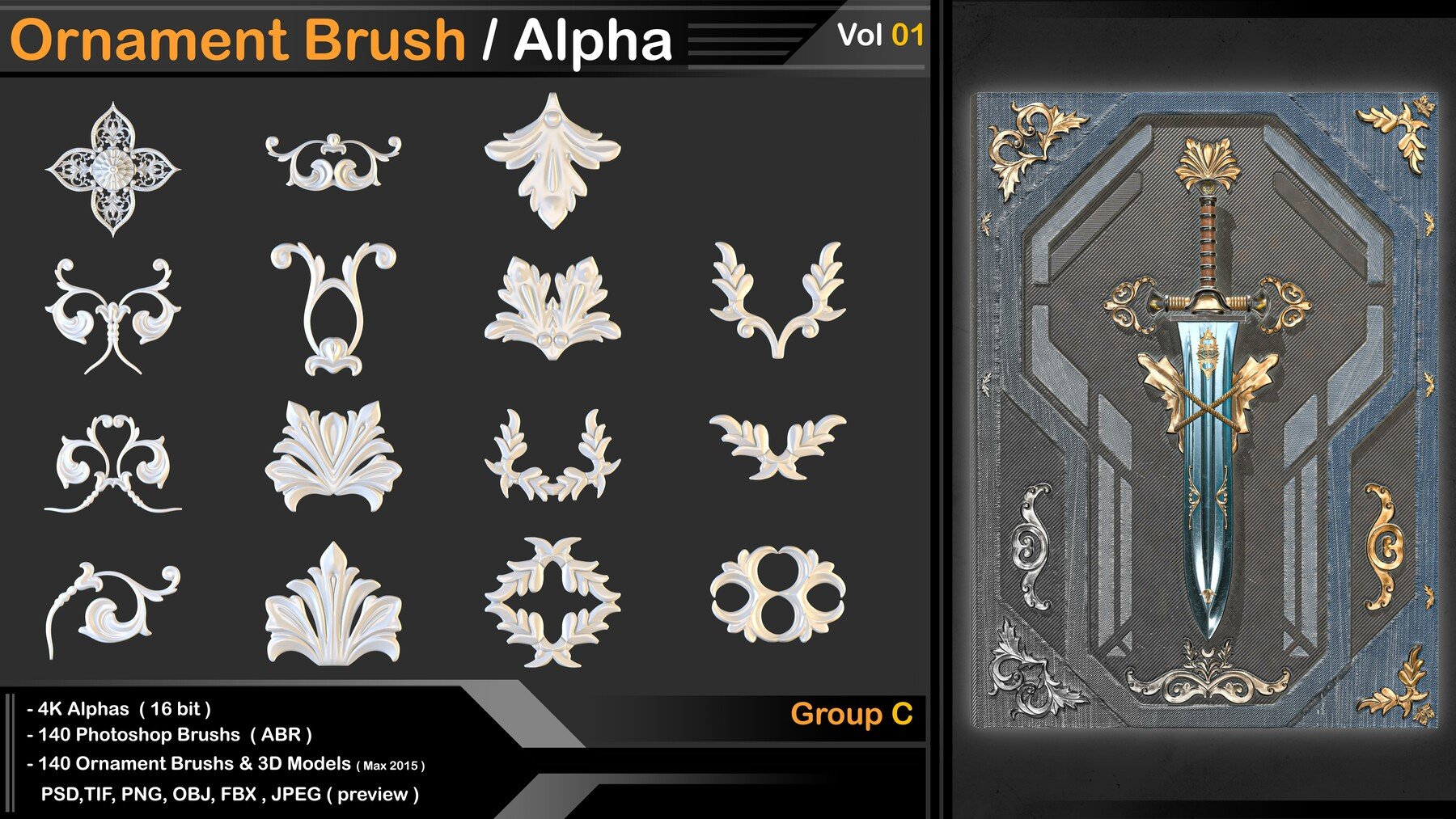 Ornament Kitbash Brushes/ Alpha / 3D Models / IMM vol 01