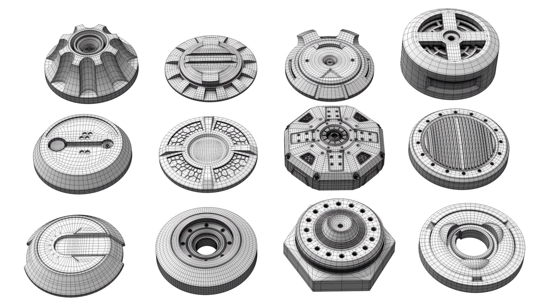 50+ Round Hard Surface Kitbash elements [Production Topology]