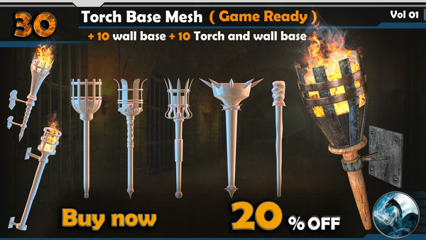 30 Torch Base Mesh (Game Ready) + 10 wall base