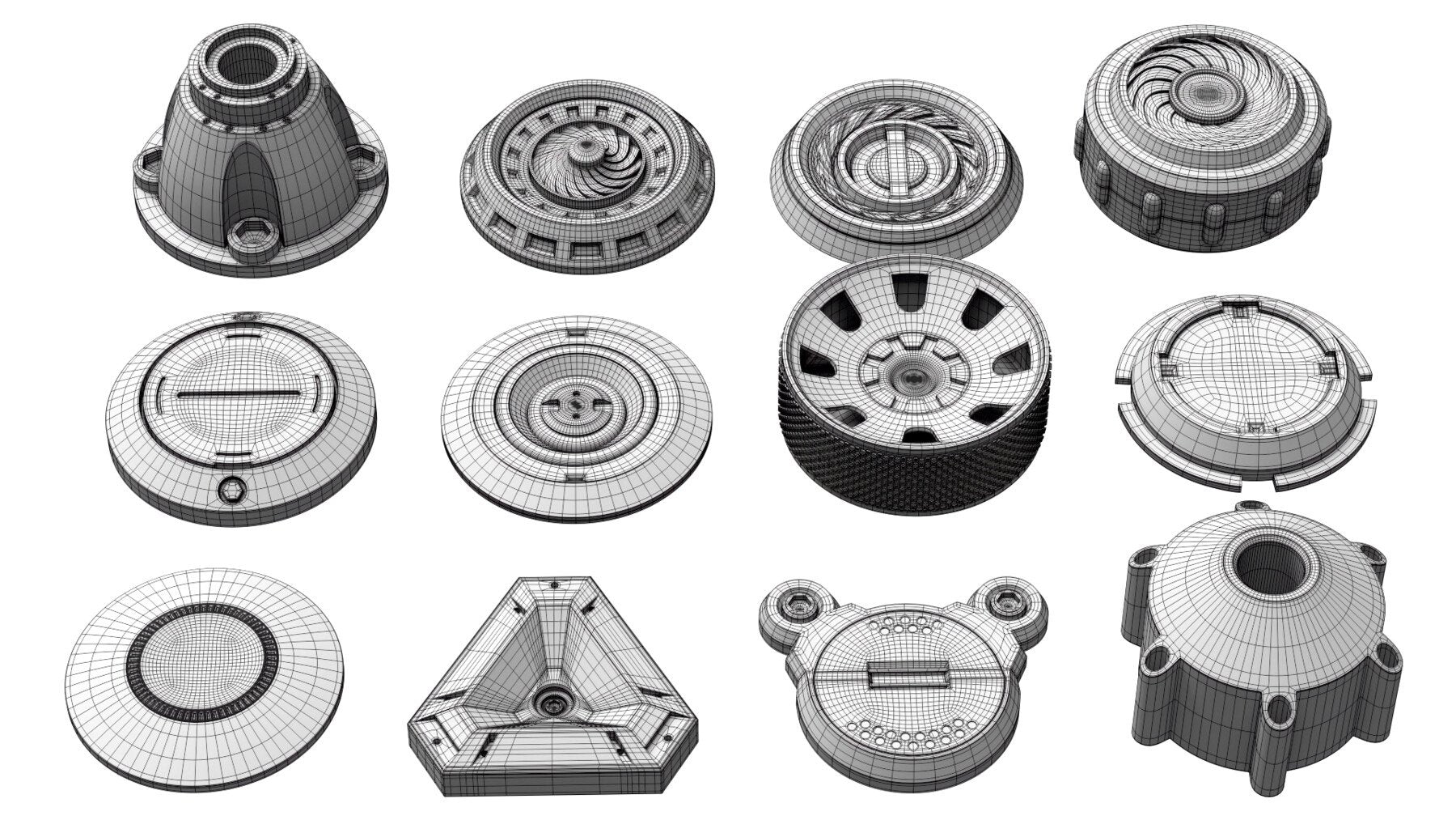 50+ Round Hard Surface Kitbash elements [Production Topology]