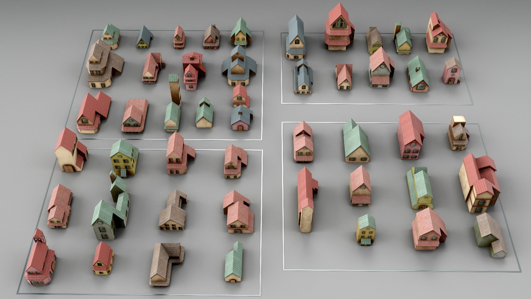 Kitbash Crowd Scene Houses 48 models [UV, Texture, Game ready topology]