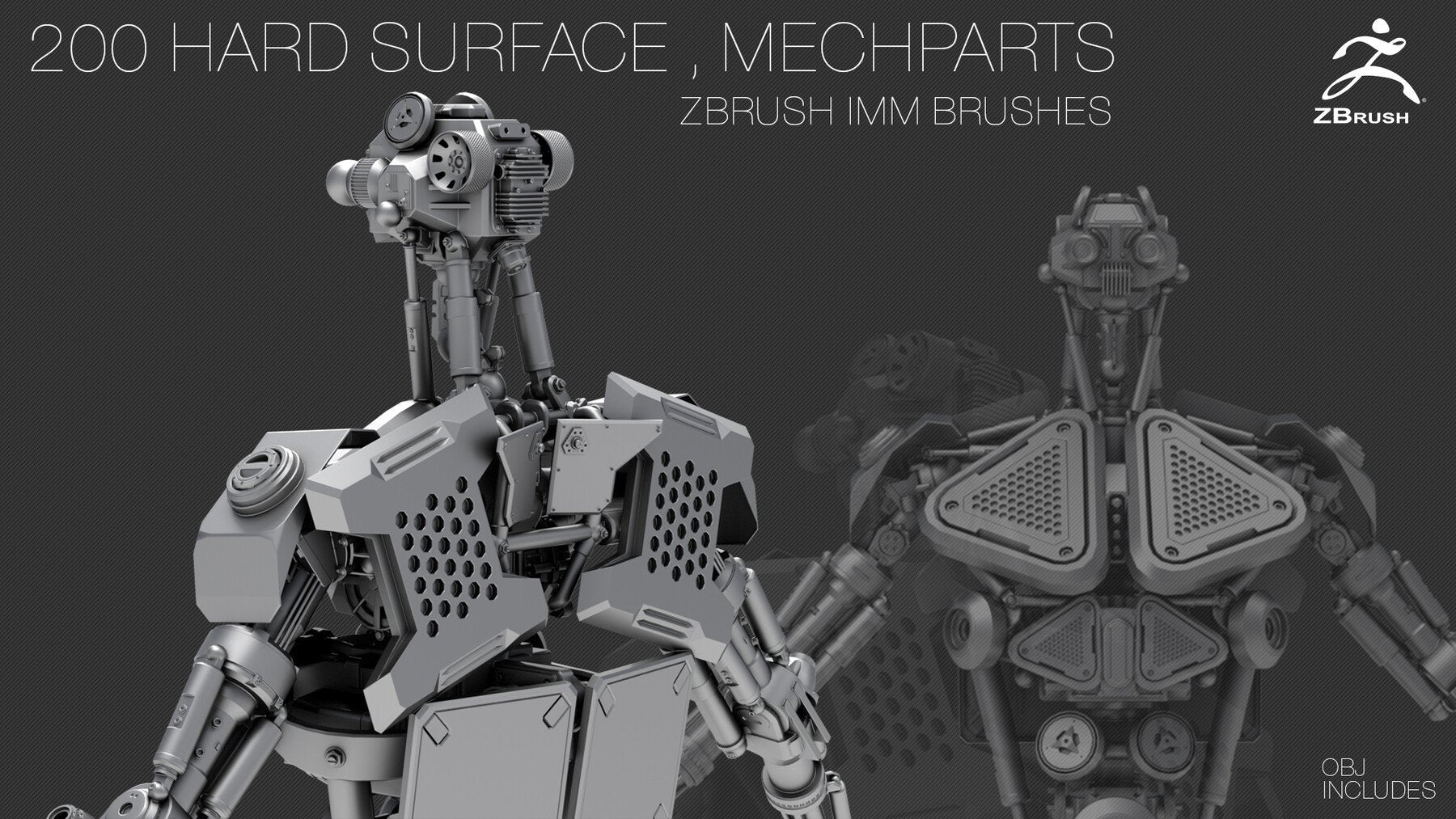 200 HARD SURFACE Z Brush IMM Brushes [OBJ] [MID TOPOLOGY] + ALPHAS [NORMAL, AO] Maps