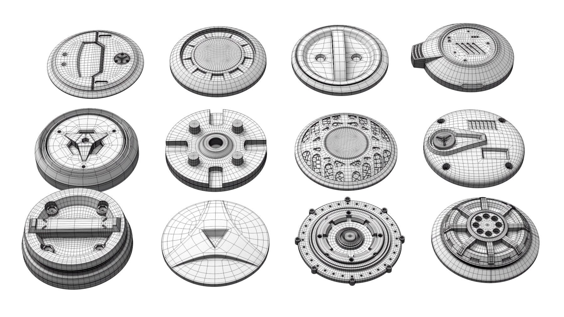 50+ Round Hard Surface Kitbash elements [Production Topology]