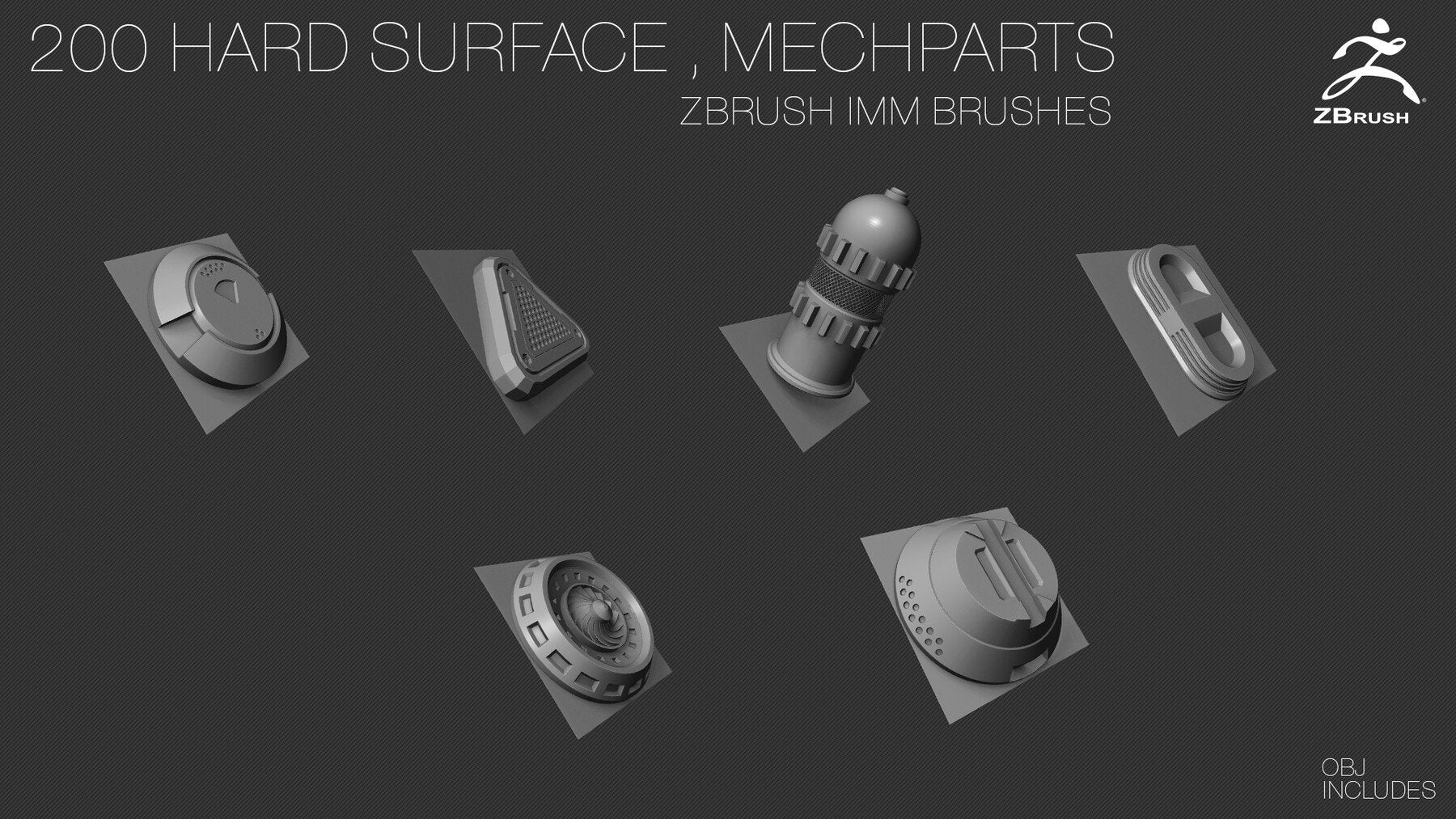 200 HARD SURFACE Z Brush IMM Brushes [OBJ] [MID TOPOLOGY] + ALPHAS [NORMAL, AO] Maps