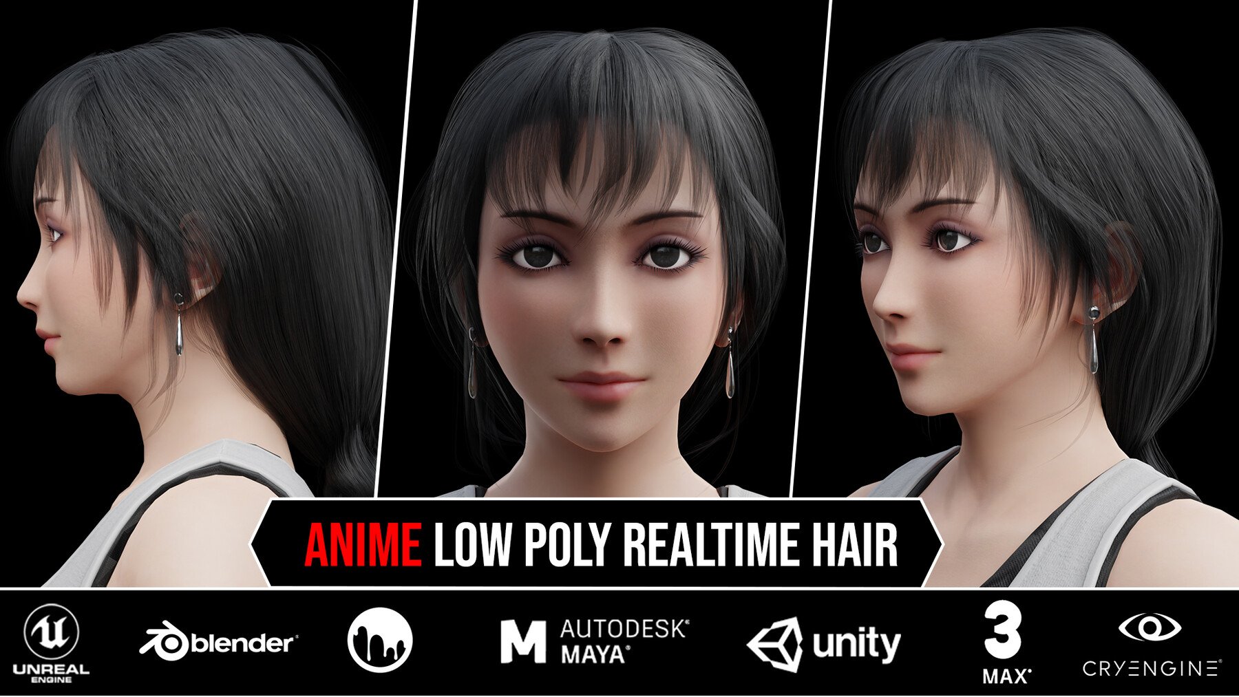 6 Anime Low Poly Realtime Hair Cards 1$ For Each Model