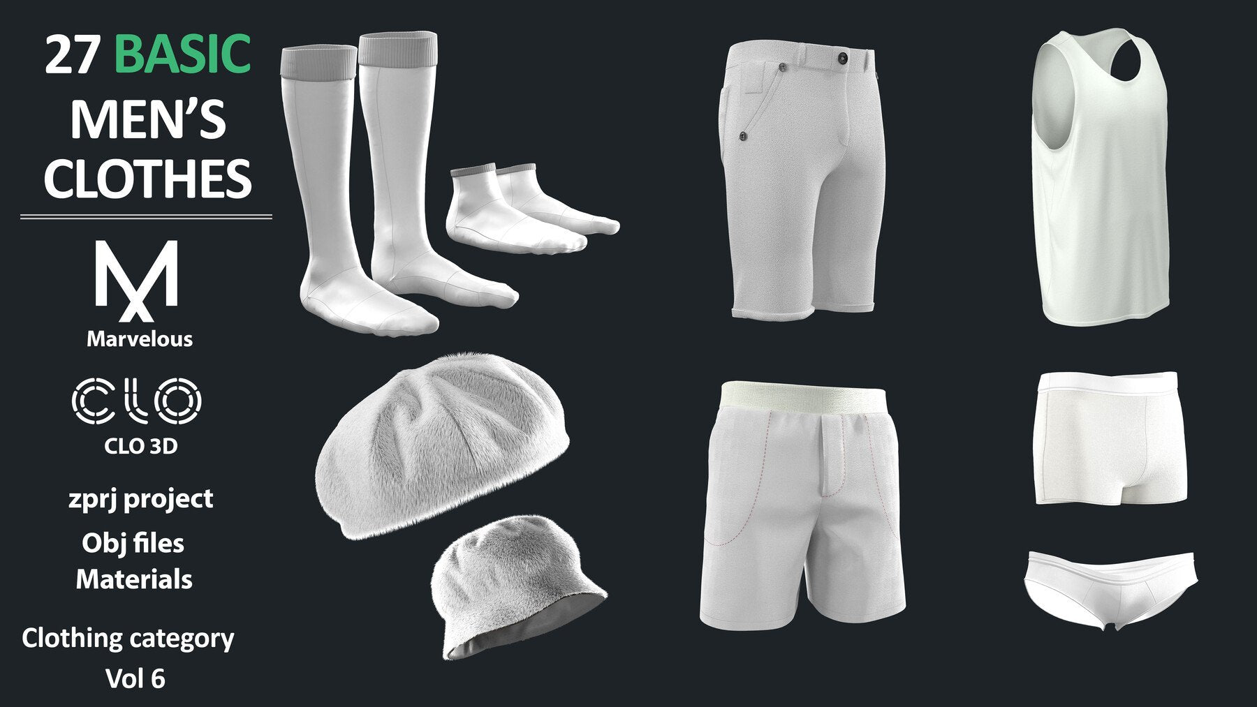 27 BASIC MEN'S CLOTHES PACK / Marvelous Designer / CLO3D + ZPRJ + OBJ + material