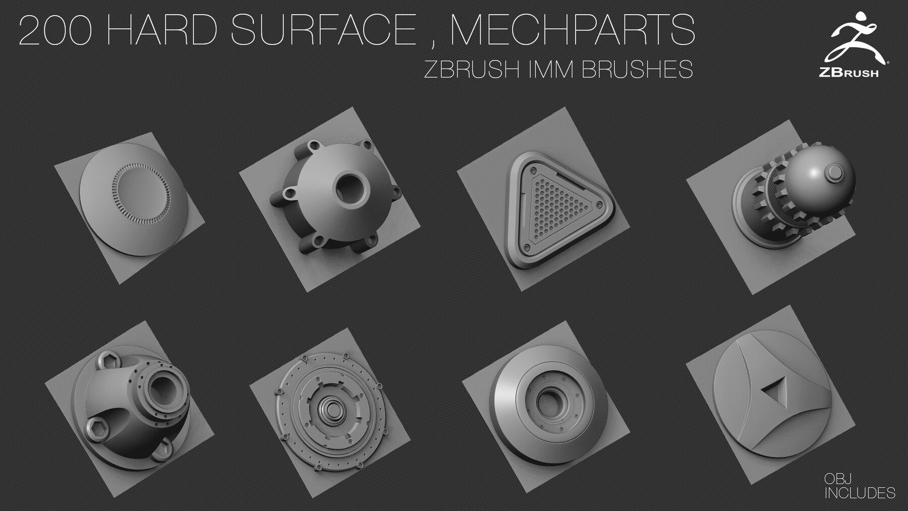 200 HARD SURFACE Z Brush IMM Brushes [OBJ] [MID TOPOLOGY] + ALPHAS [NORMAL, AO] Maps