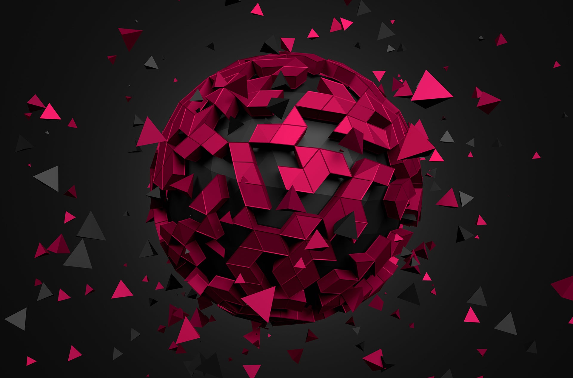 3D gray sphere with pink triangles floating arrownd