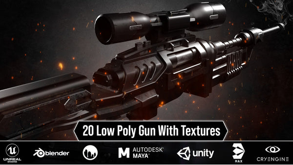 20 Low Poly Guns for Games + UDIM Textures