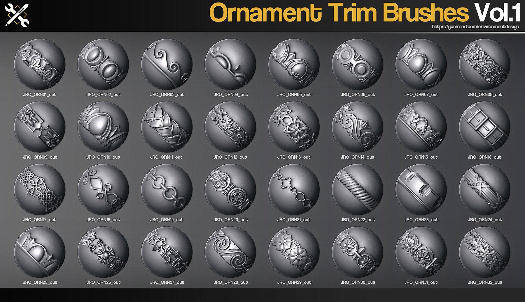 60 Ornament Trim Brushes for ZBrush Vol.1