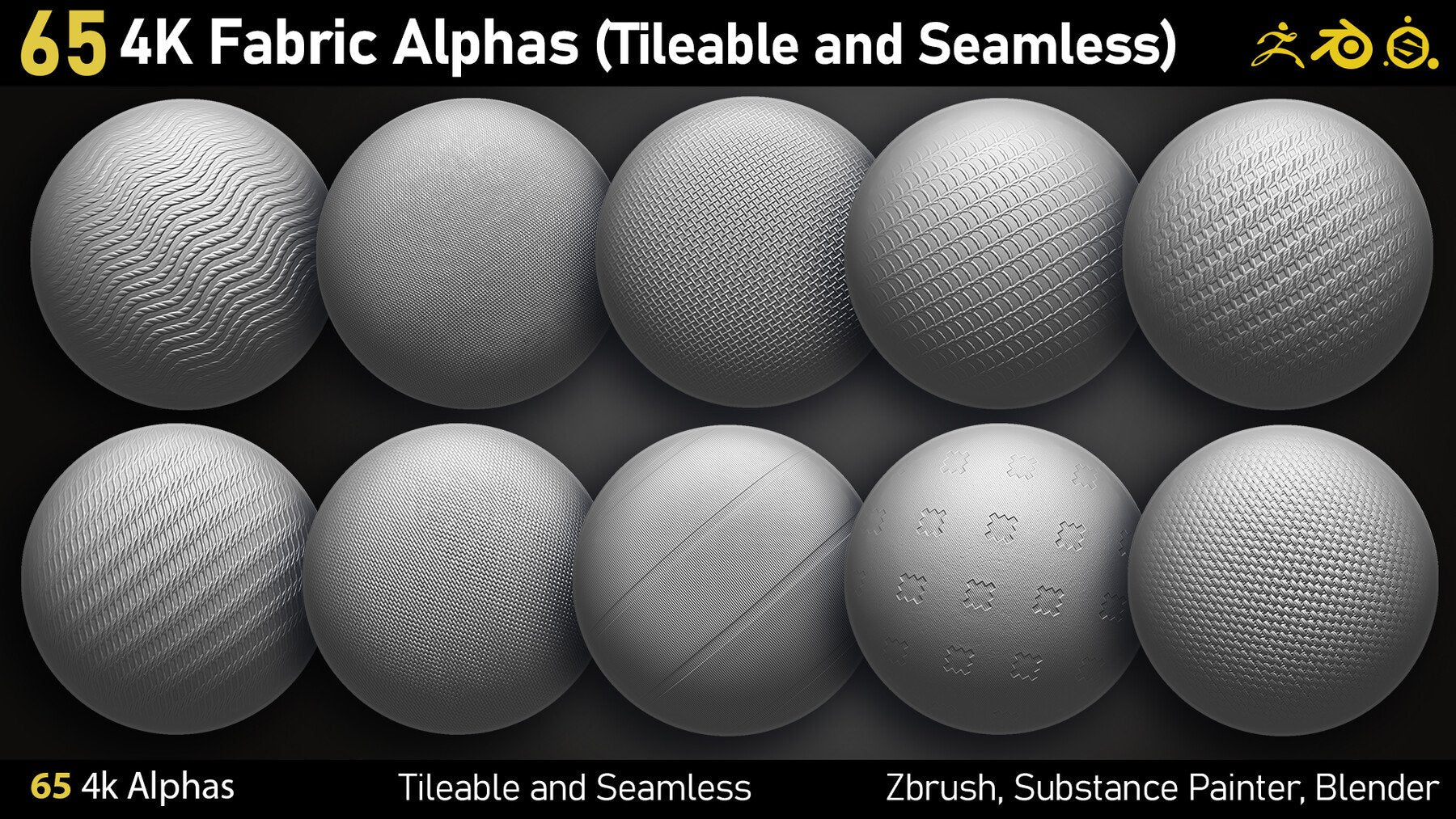 65 4K Fabric Alphas(Tileable) PNG-Zbrush-Substance Painter-Blender-Photoshop