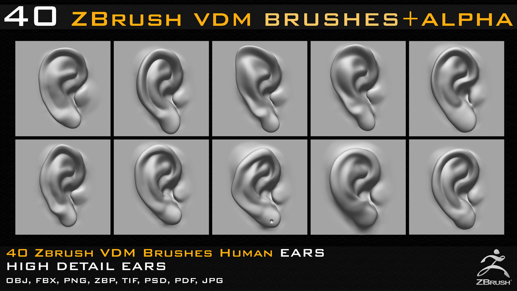 40 Zbrush VDM Human Ears Brushes + Alpha + FBX + OBJ