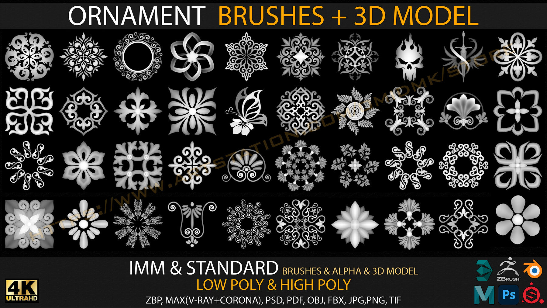 Ornament IMM & Standard Brushes+3D model+ Alpha 4K (V.02)