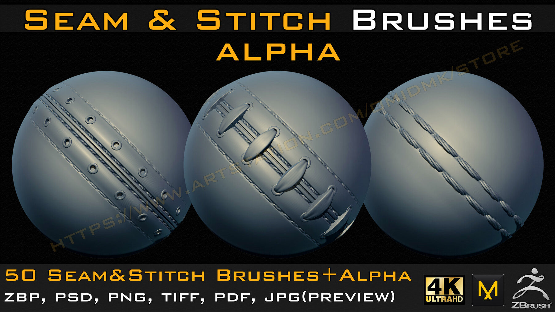 50 Seam & Stitch Brushes & Alpha (Tileable 4k-16bit) Vol.03