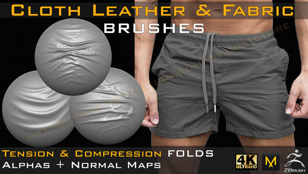 50 +10 cloth Leather & Fabric Brushes (4k) Tension & Compression Folds- Alpha + Normal Maps ( Vol.03 )