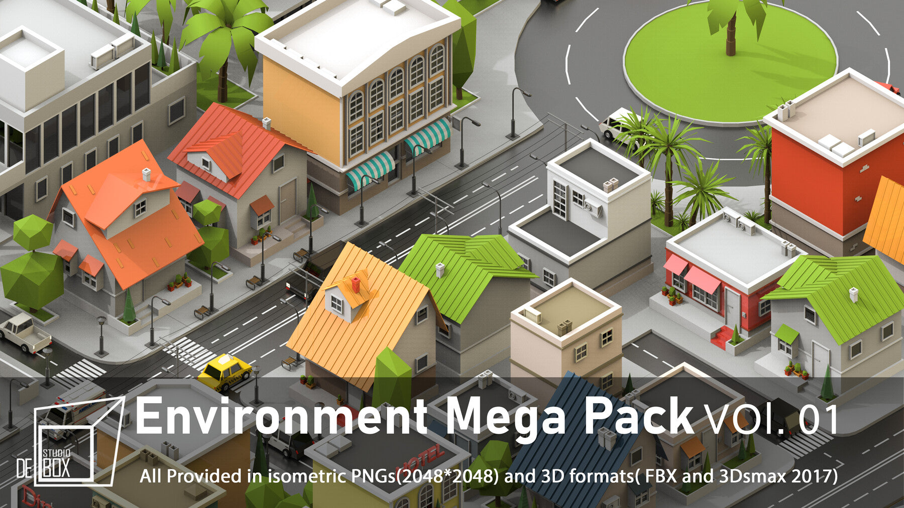 Low poly City maker-Buildings-Trees-Vehicles-Street-furniture-Vol.01