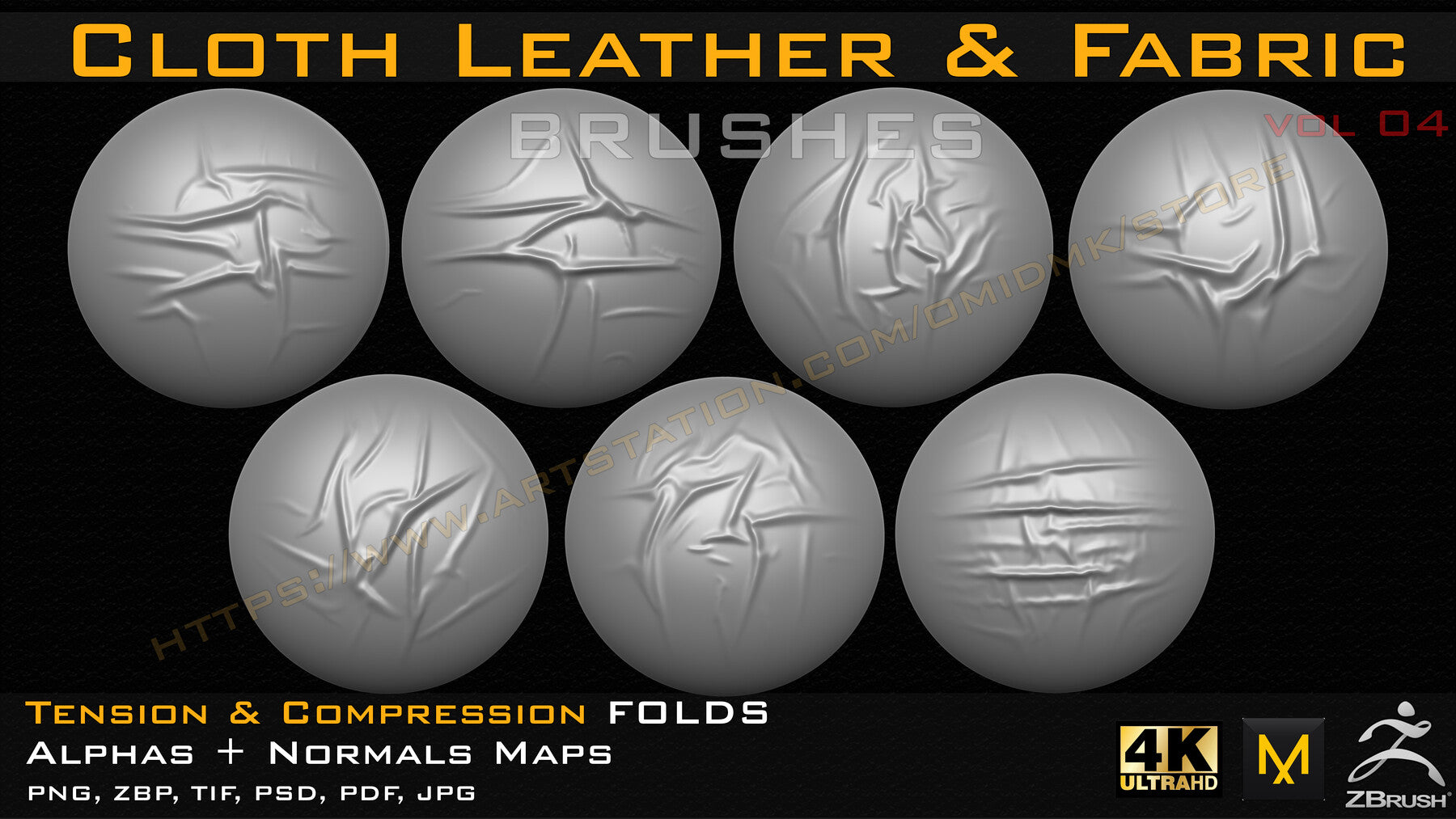 50 cloth Leather & Fabric Brushes (4k) Tension & Compression Folds- Alpha + Normal Maps ( Vol.04 )