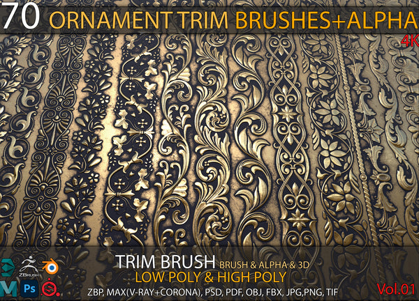 70 Ornament Trim Brushes+3D Model+ Alpha (4k)-Vol 01