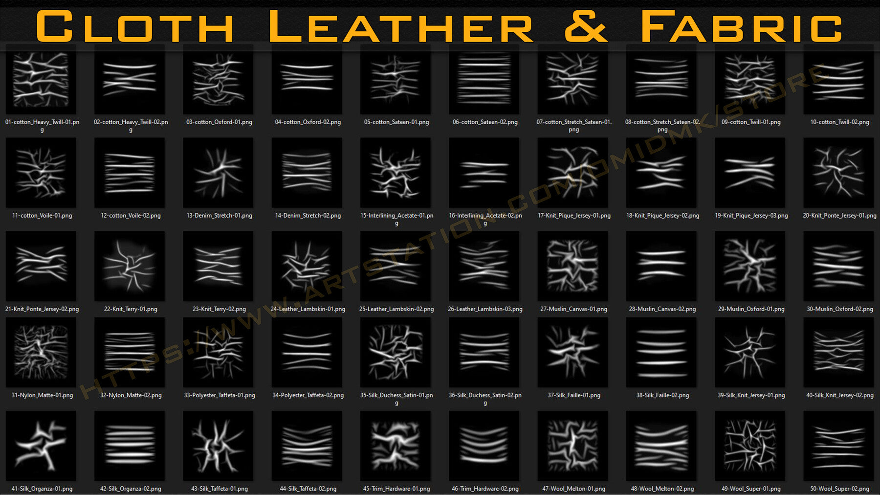 50 cloth Leather & Fabric Brushes (4k) Tension & Compression Folds- Alpha + Normal Maps V-02