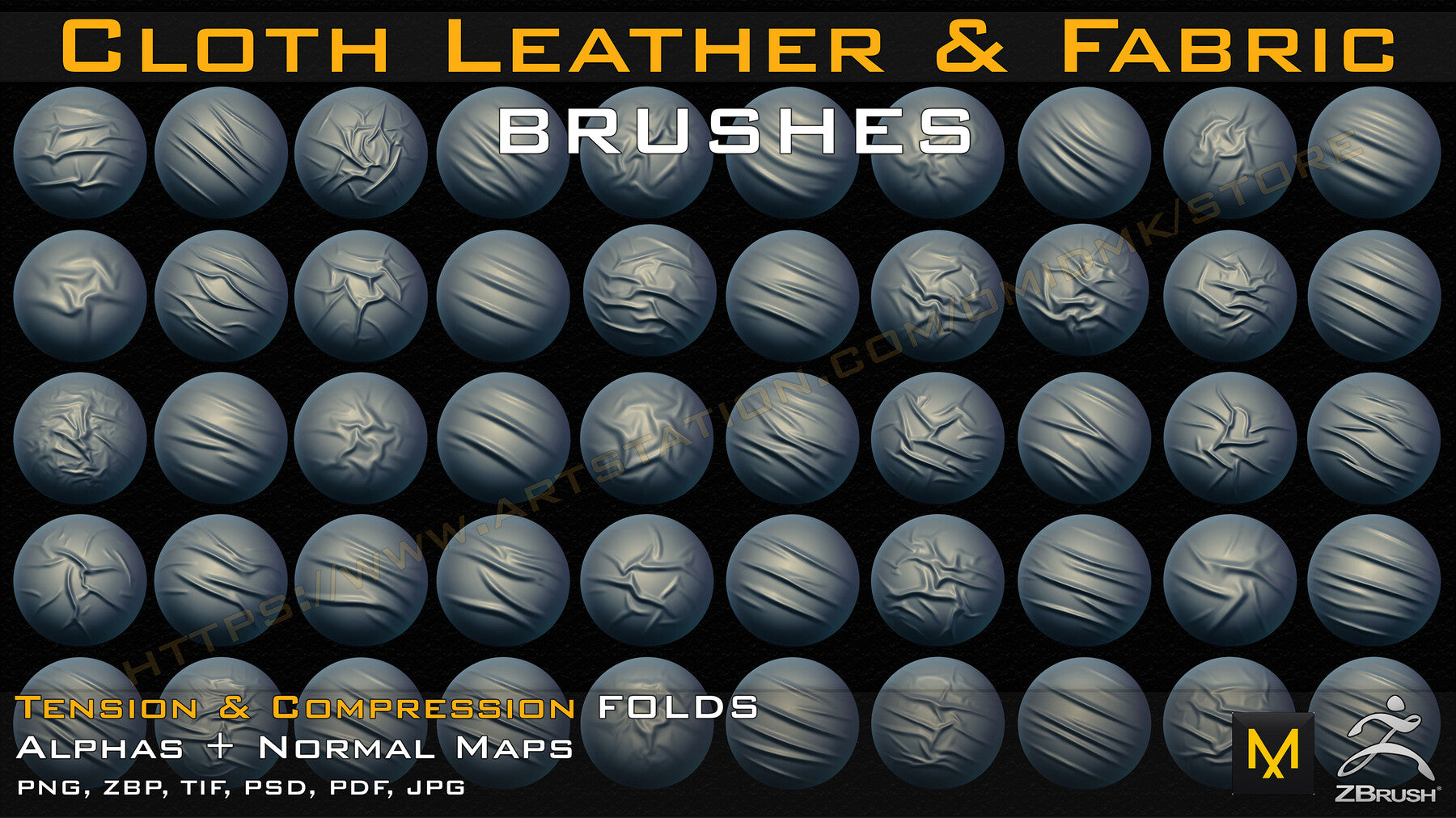 50 cloth Leather & Fabric Brushes (4k) Tension & Compression Folds- Alpha + Normal Maps V-02