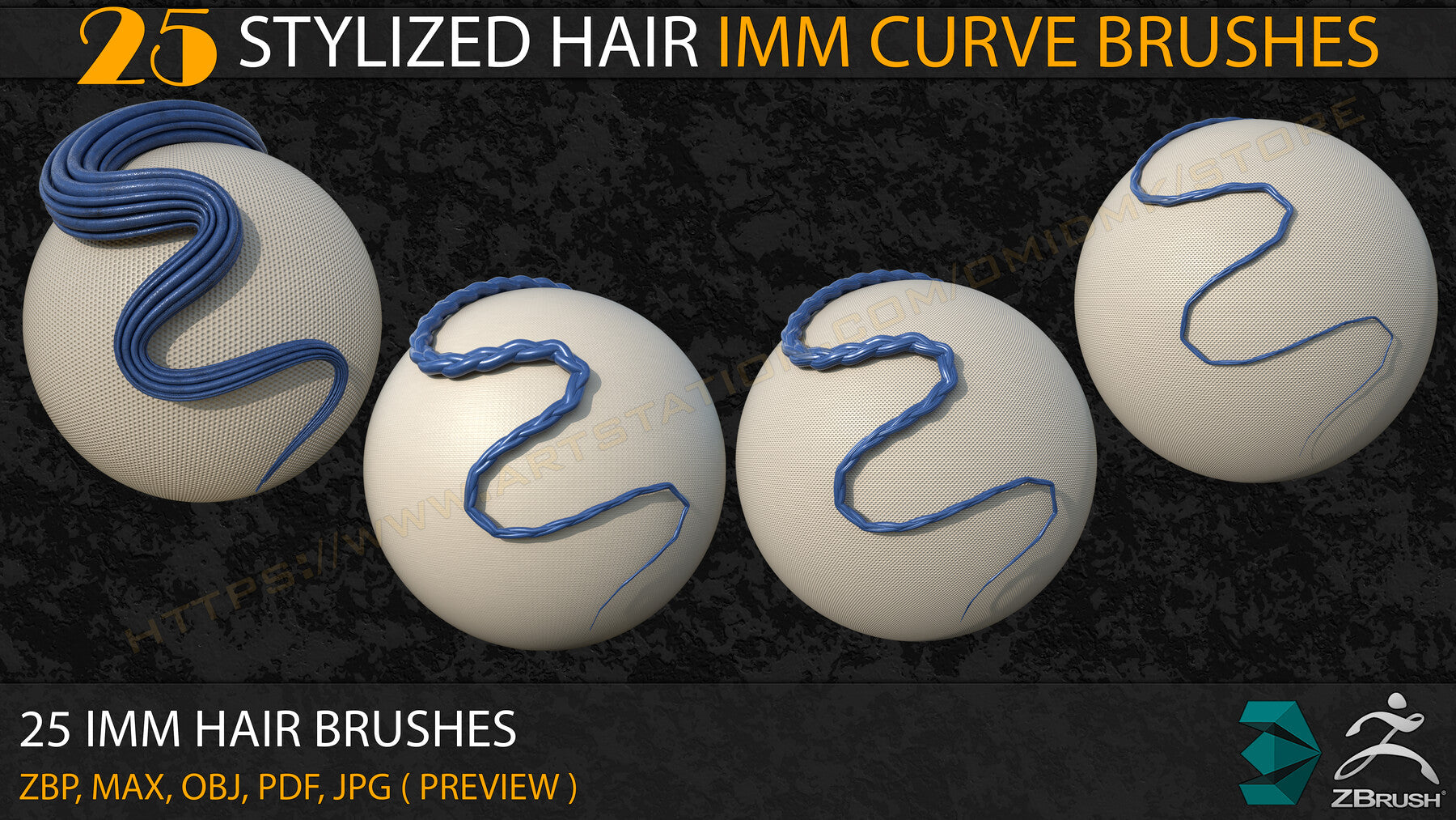 25 Stylized Hair IMM Curve Brushes+3ds Max and OBJ files ( Vol- 02)