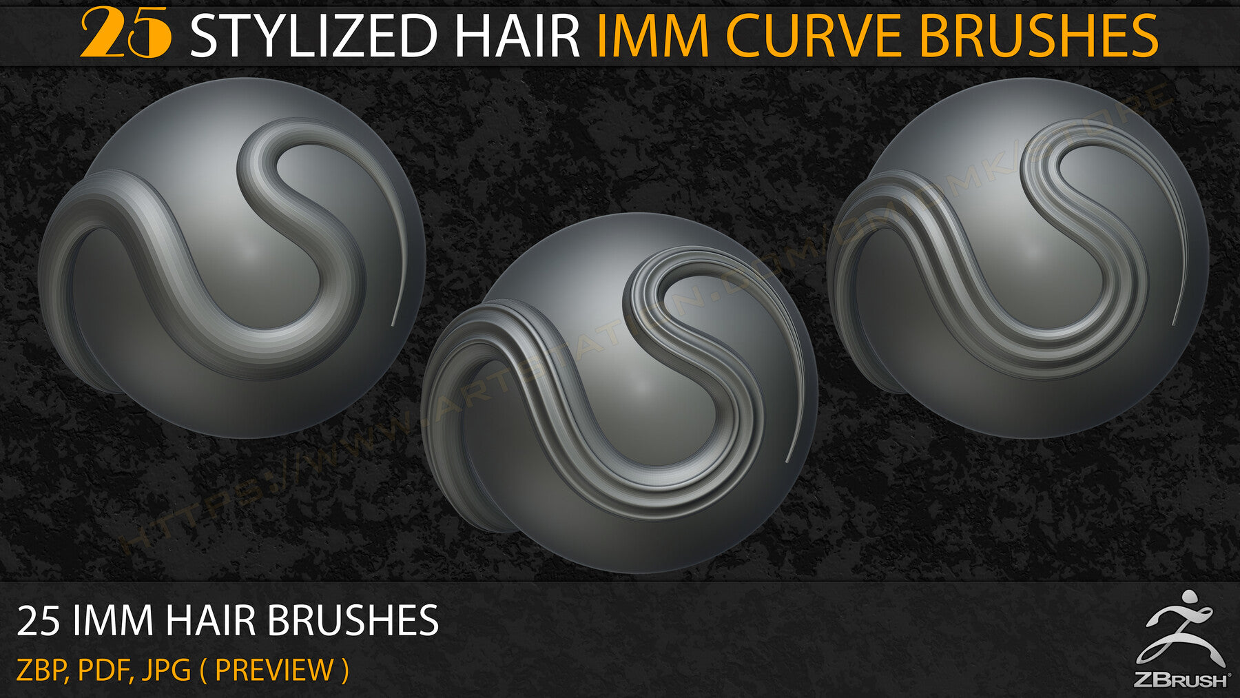 25 Stylized Hair IMM Curve Brushes ( V-01)