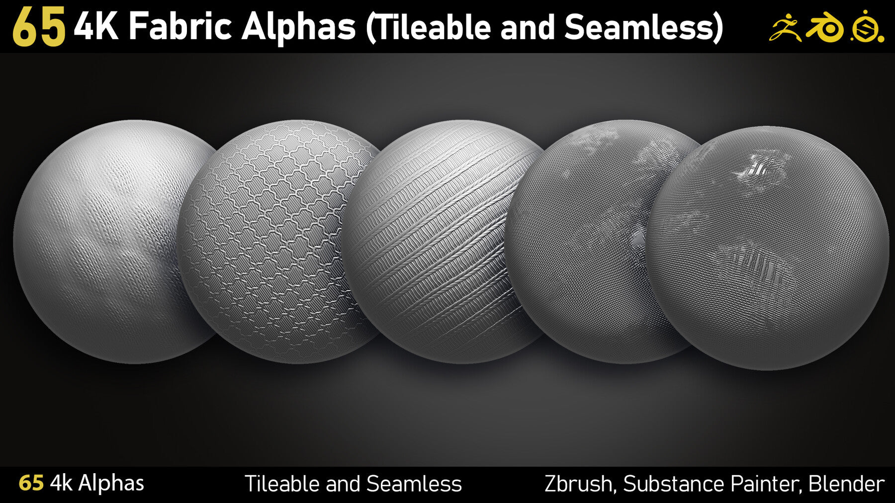 65 4K Fabric Alphas(Tileable) PNG-Zbrush-Substance Painter-Blender-Photoshop