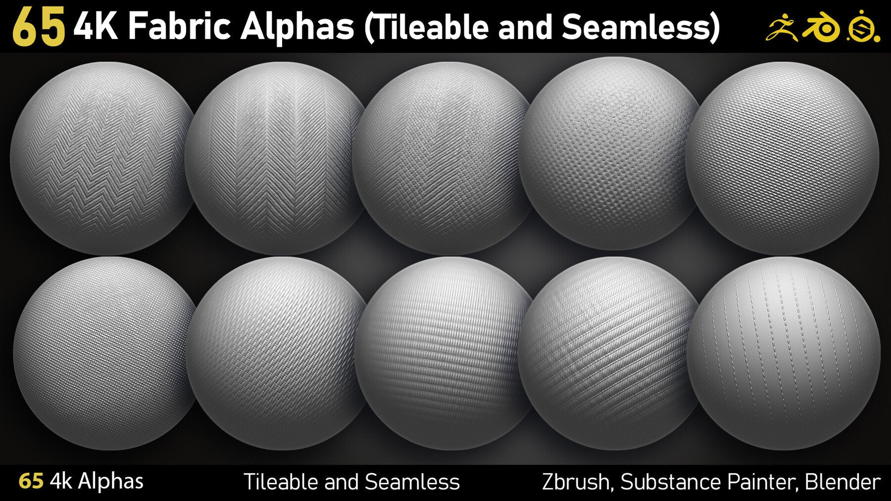 65 4K Fabric Alphas(Tileable) PNG-Zbrush-Substance Painter-Blender-Photoshop