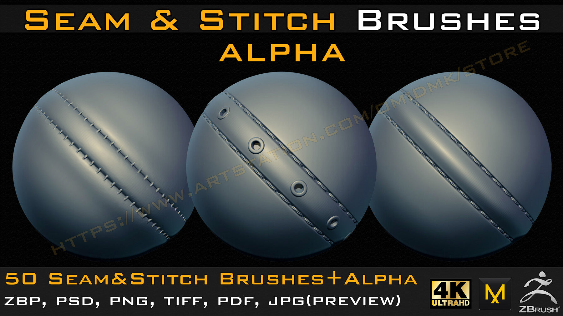 50 Seam & Stitch Brushes & Alpha (Tileable 4k-16bit) Vol.03