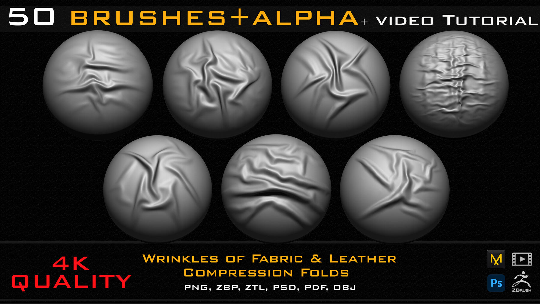 50 ZBrush Brush + Alpha (4K ) ,Fabric and Leather Compression Folds- Vol 02