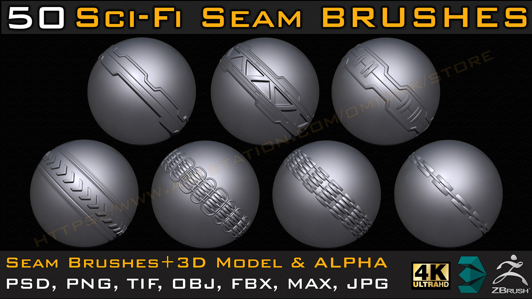 50 Sci-fi Seam Brushes+3D Model & Alpha ( Tileable 4k-16bit) Vol.02