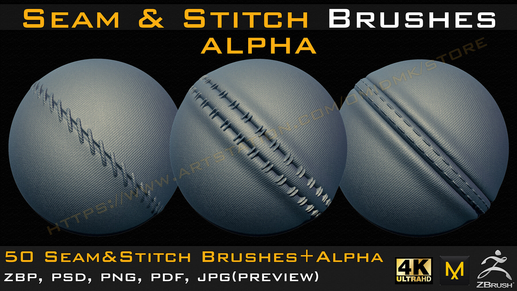 50 Seam & Stitch Brushes & Alpha (Tileable 4k-16bit) Vol.02