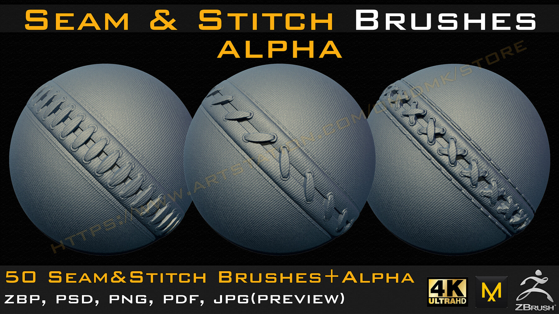 50 Seam & Stitch Brushes & Alpha (Tileable 4k-16bit) Vol.02