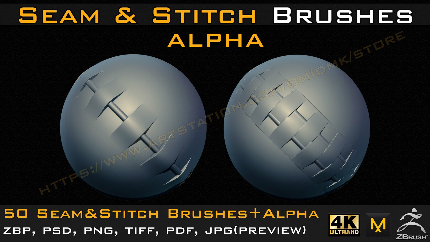 50 Seam & Stitch Brushes & Alpha (Tileable 4k-16bit) Vol.04