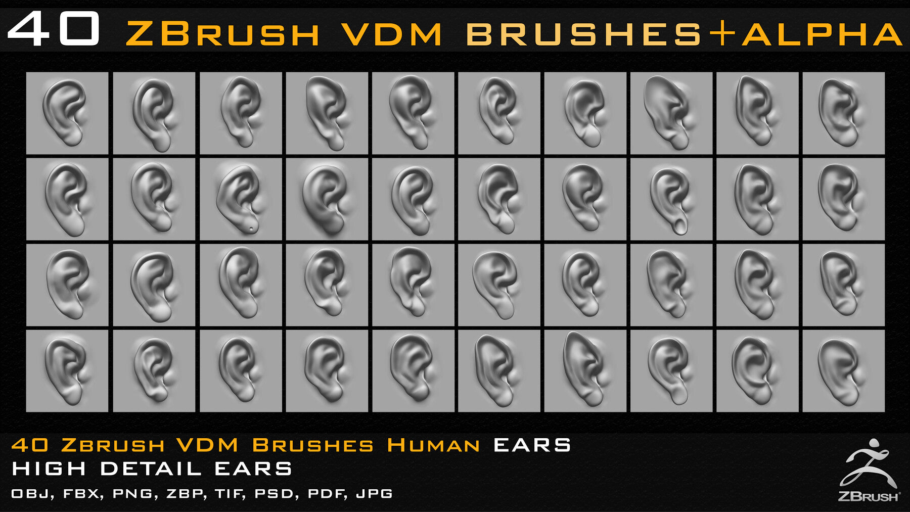 40 Zbrush VDM Human Ears Brushes + Alpha + FBX + OBJ