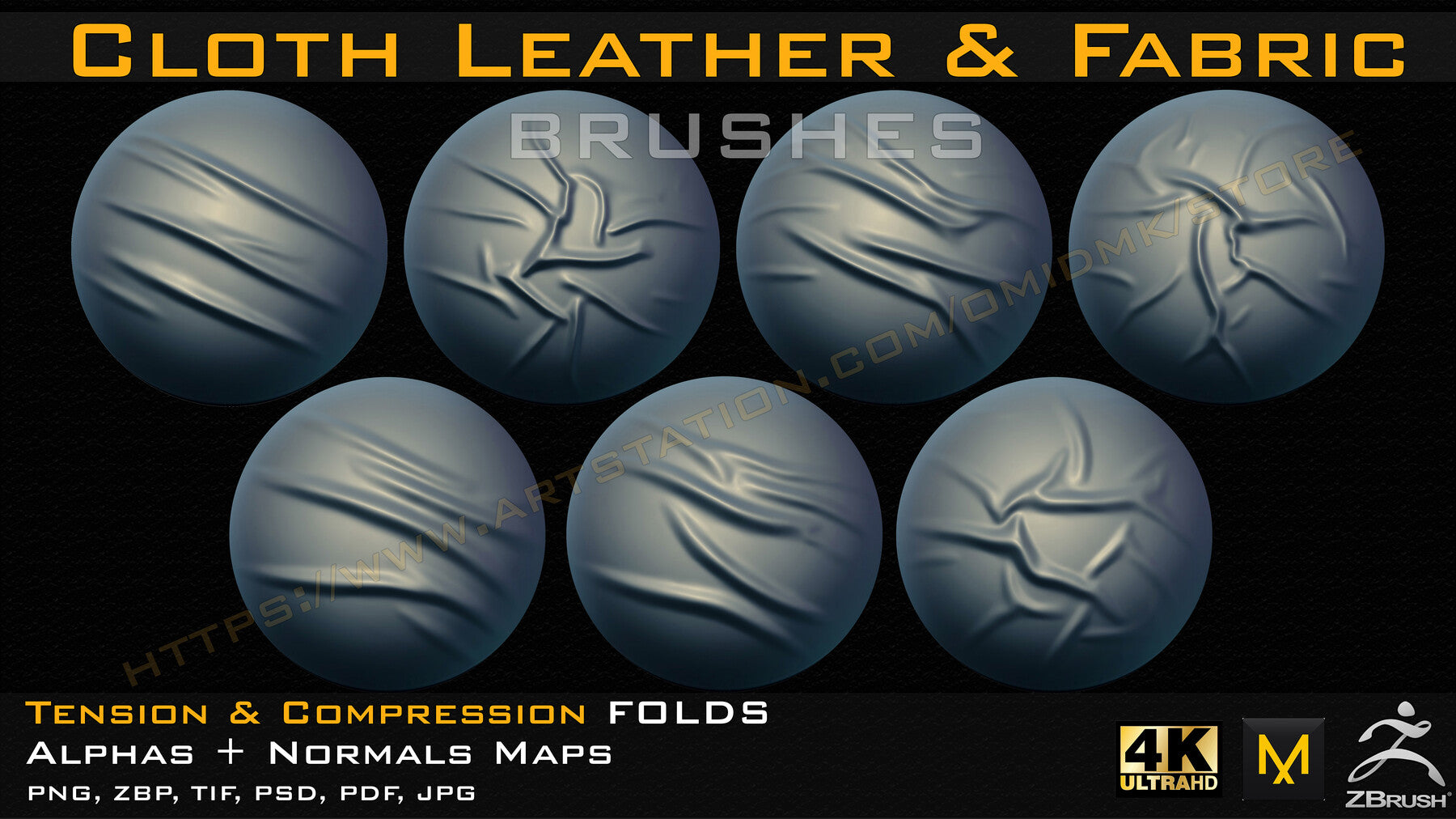 50 cloth Leather & Fabric Brushes (4k) Tension & Compression Folds- Alpha + Normal Maps V-02