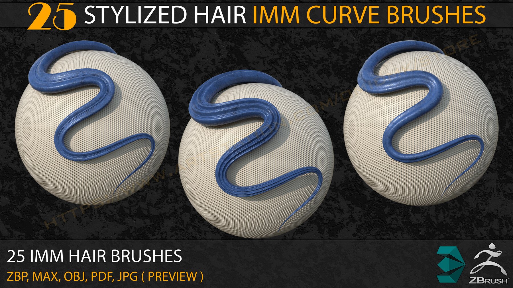 25 Stylized Hair IMM Curve Brushes+3ds Max and OBJ files ( Vol- 02)