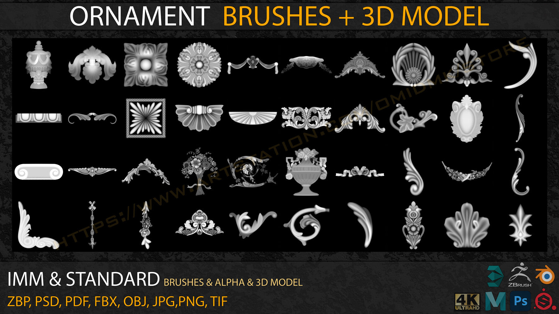 Ornament IMM & Standard Brushes+3D model+ Alpha 4K (V.04)