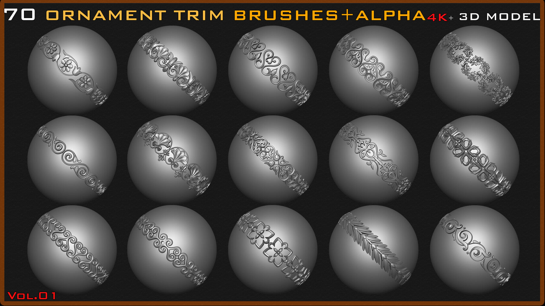 70 Ornament Trim Brushes+3D Model+ Alpha (4k)-Vol 01